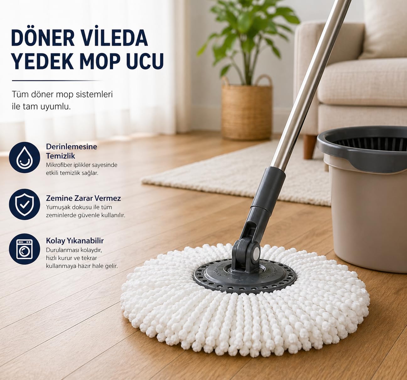 Orret Home Döner Vileda Yedek Mop Ucu Mikrofiber Temizlik Bezi 35 cm Tüm Modellerle Uyumlu Vileda Başlığı Döner Mop Bezi Yedek Parça Kolay Tak Çıkar Spın Püskülü