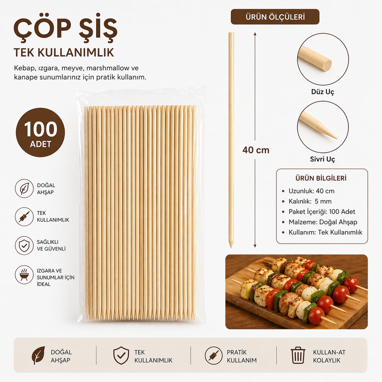 Orret Home 100 Adet 40 cm Çöp Şiş Ahşap Tek Kullanımlık Mangal Şişi Uzun Çöp Şiş Barbekü Izgara Fırın Uyumlu Marshmallow Şiş Çubuk