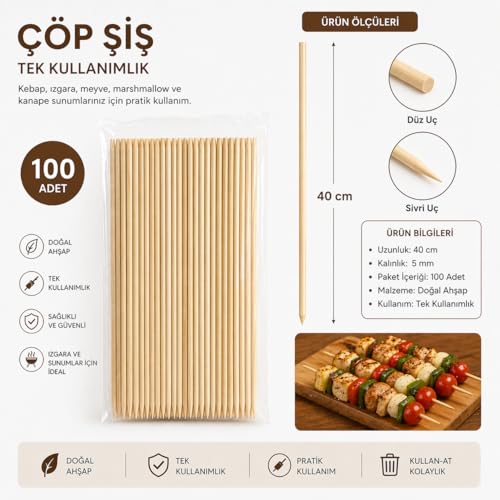 Orret Home 100 Adet 40 cm Çöp Şiş Ahşap Tek Kullanımlık Mangal Şişi Uzun Çöp Şiş Barbekü Izgara Fırın Uyumlu Marshmallow Şiş Çubuk
