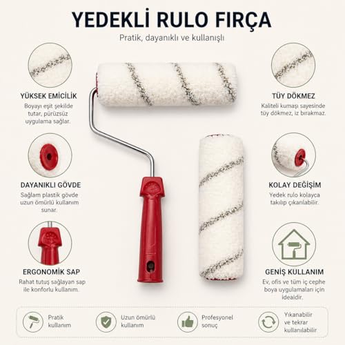 Orret Home 20 cm Boya Rulosu ve Yedek Rulo Seti Profesyonel Boya Badana Rulosu Duvar Boyama Rulosu Tüy Bırakmaz Rulo Fırça Seti (ASORTİ RENK)