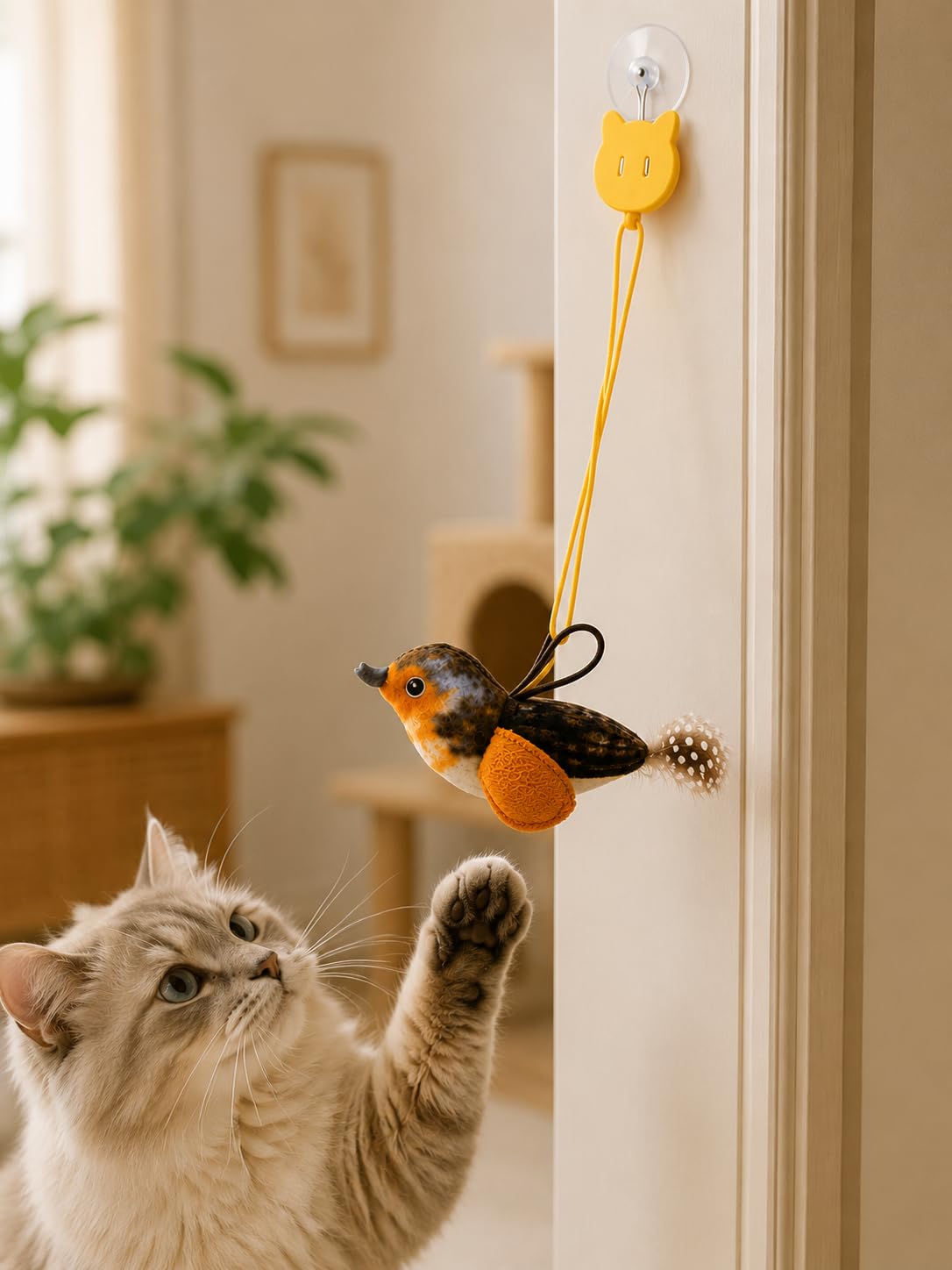 Busstier Kedi Oyuncağı Kapıya Asılan Sesli Kuşlu Elastik Hareketli Zilli İnteraktif Kedi Eğlence ve Av Oyuncağı