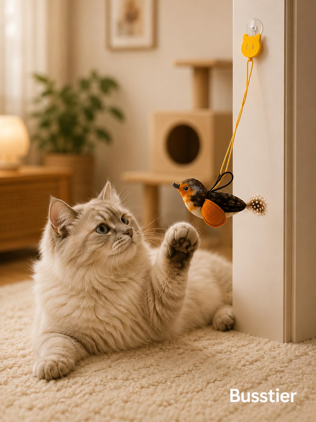 Busstier Kedi Oyuncağı Kapıya Asılan Sesli Kuşlu Elastik Hareketli Zilli İnteraktif Kedi Eğlence ve Av Oyuncağı