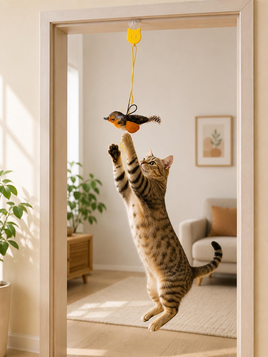 Busstier Kedi Oyuncağı Kapıya Asılan Sesli Kuşlu Elastik Hareketli Zilli İnteraktif Kedi Eğlence ve Av Oyuncağı