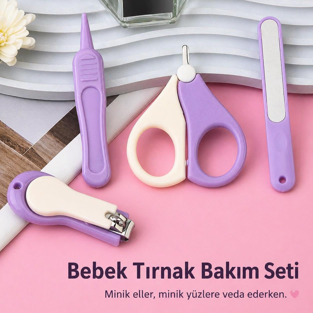 Valkyrie Kutulu 4’lü Bebek Tırnak Bakım Seti Güvenli Bebek Tırnak Makası Törpü Cımbız ve Makas Seti Mor