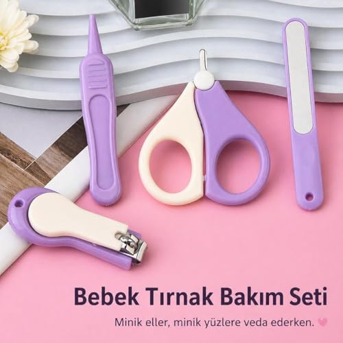 Valkyrie Kutulu 4’lü Bebek Tırnak Bakım Seti Güvenli Bebek Tırnak Makası Törpü Cımbız ve Makas Seti Mor