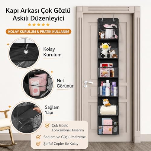 Valkyrie Kapı Arkası Organizer 6 Gözlü Askılı Dolap Düzenleyici Çok Amaçlı Kapı Arkası Raf Siyah