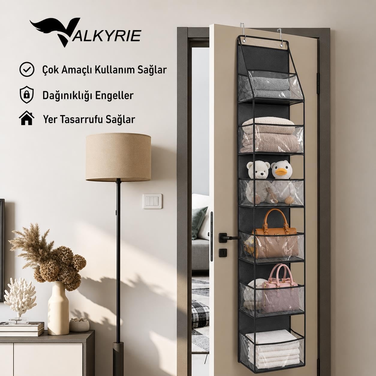Valkyrie Kapı Arkası Organizer 6 Gözlü Askılı Dolap Düzenleyici Çok Amaçlı Kapı Arkası Raf Siyah