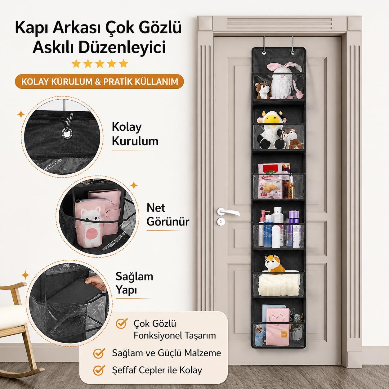 Valkyrie Kapı Arkası Organizer 6 Gözlü Askılı Dolap Düzenleyici Çok Amaçlı Kapı Arkası Raf Siyah