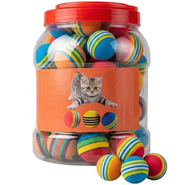 AEE® 50’li Sünger Kedi Oyun Topu Kovası | Renkli Zıplayan Hafif Kedi Oyuncağı Seti