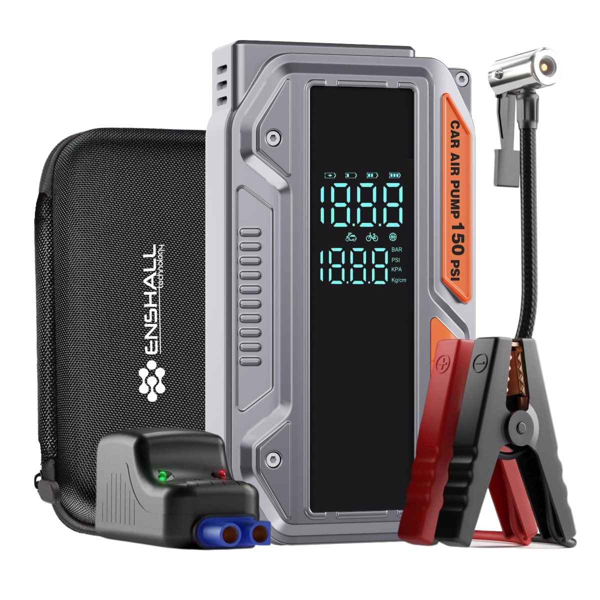 Enshall 10.000mAh Jump Starter Akü Takviyeli 1000A Tepe Akımlı Araç Lastik Şişirme Hava Kompresörü