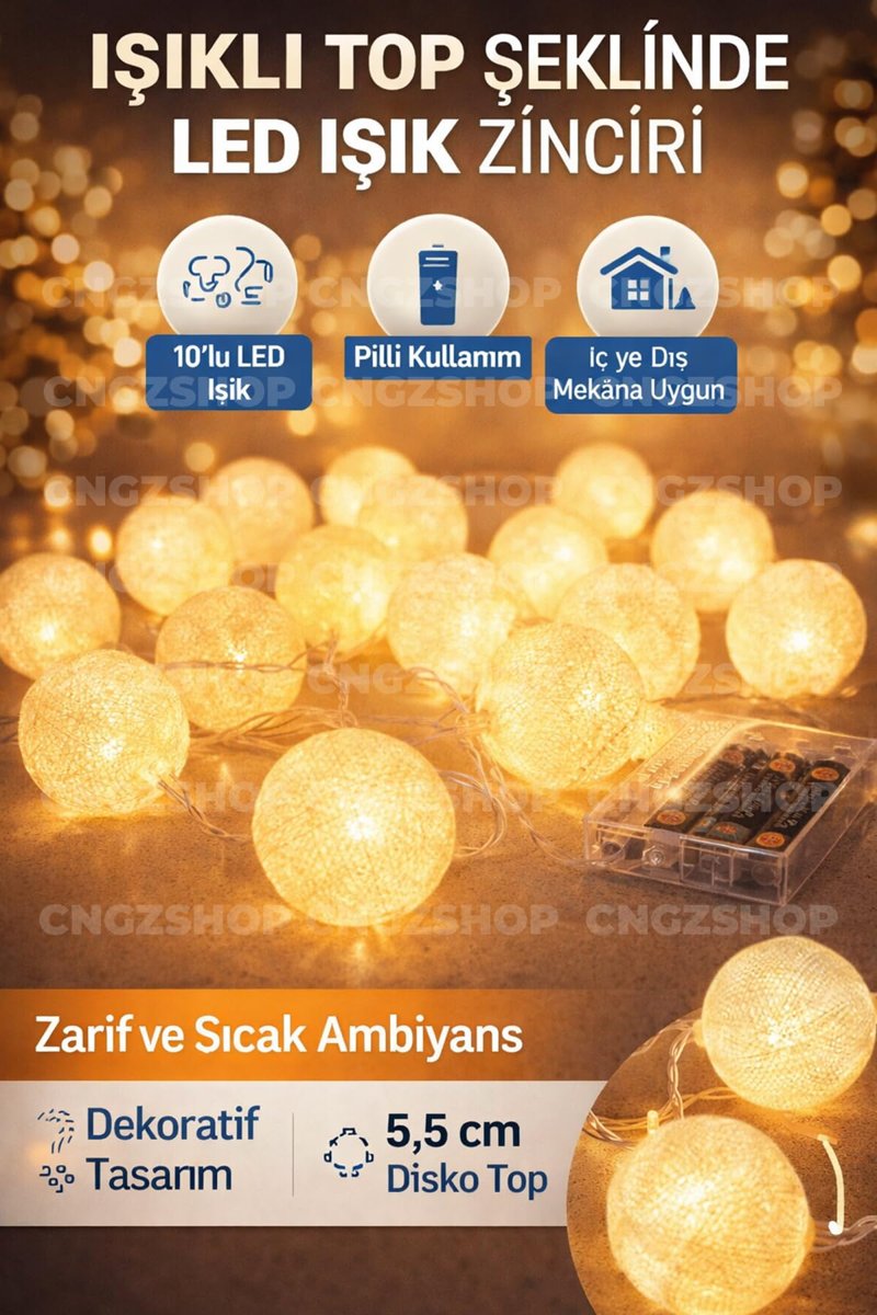 Işıklı Top Şeklinde LED Süsleme, 10'lu Pilli Dekoratif Işık Zinciri, Beyaz, 5,5 cm Disko Top