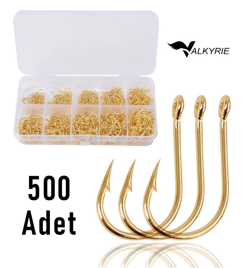 Valkyrie 500 Adet Altın Renk Olta İğnesi Seti – 10 Farklı Boy, Paslanmaz Çelik, Halkalı Keskin Balık Kancası