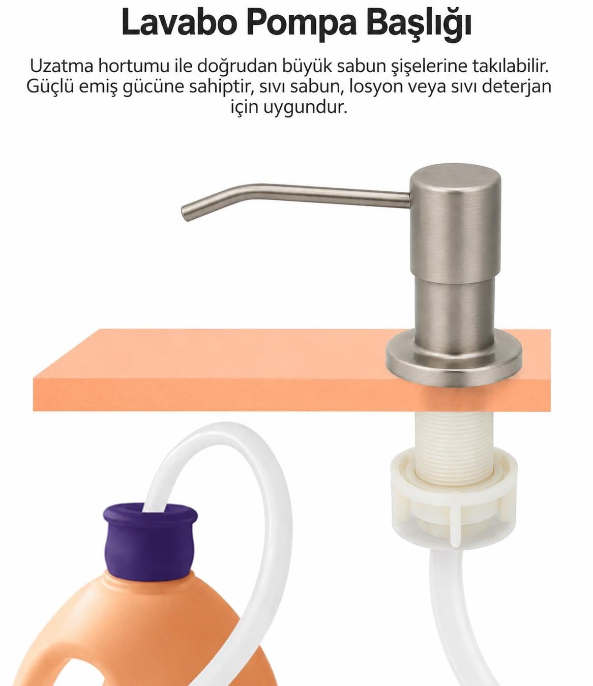 Valkyrie Mat Paslanmaz Ankastre Sıvı Sabunluk Pompası Tezgah Üstü Lavabo Sabunluk Başlığı Uzatma Hortumlu