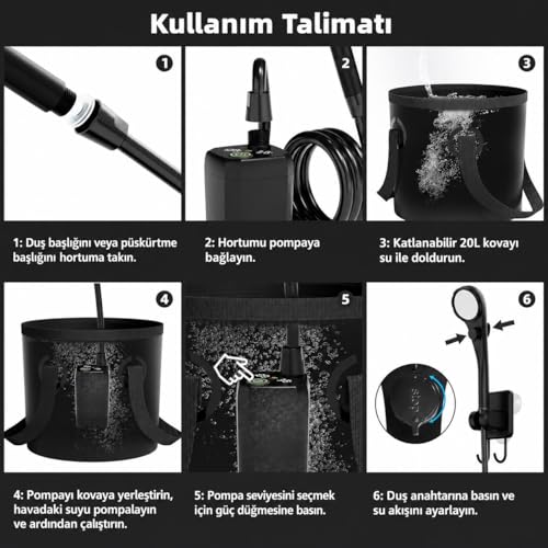 Valkyrie Şarjlı Kamp Duşu 6000mAh Dijital Göstergeli Taşınabilir Duş Seti 20L Katlanabilir Kova IPX7