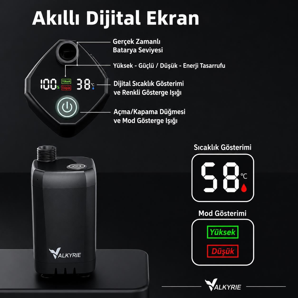 Valkyrie Şarjlı Kamp Duşu 6000mAh Dijital Göstergeli Taşınabilir Duş Seti 20L Katlanabilir Kova IPX7