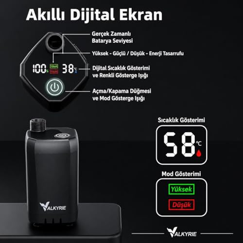 Valkyrie Şarjlı Kamp Duşu 6000mAh Dijital Göstergeli Taşınabilir Duş Seti 20L Katlanabilir Kova IPX7