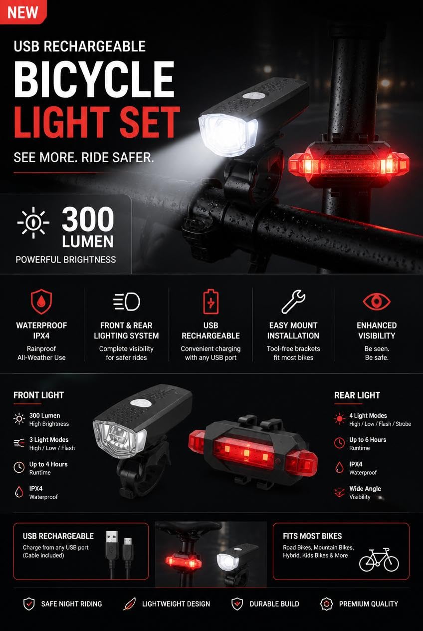 Busstier Bisiklet Işık Seti USB Şarjlı Ön Arka Bisiklet Farı 2’li LED Bisiklet Lambası Su Geçirmez 300 Lümen Stop Lambası Seti