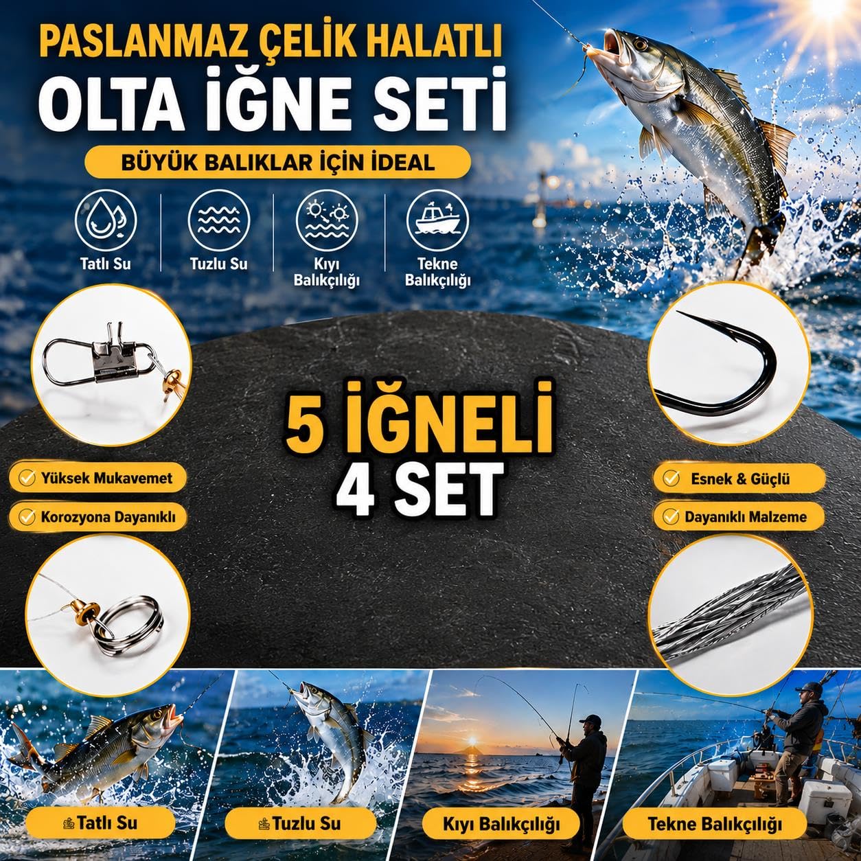 Valkyrie 5 İğneli Paslanmaz Çelik Halatlı Dip Hırsız Olta Takımı 4’lü Set 10# Karbon Çelik İğne