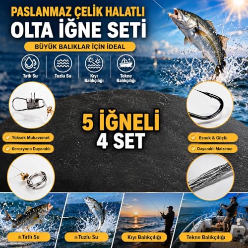Valkyrie 5 İğneli Paslanmaz Çelik Halatlı Dip Hırsız Olta Takımı 4’lü Set 10# Karbon Çelik İğne
