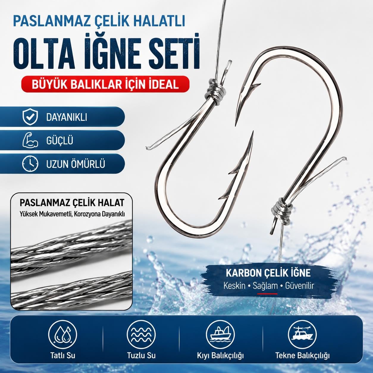 Valkyrie 5 İğneli Paslanmaz Çelik Halatlı Dip Hırsız Olta Takımı 4’lü Set 10# Karbon Çelik İğne