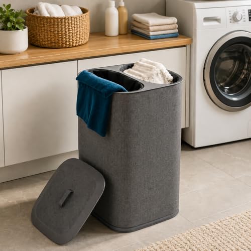 Orret Home 90 Litre İki Bölmeli Kirli Çamaşır Sepeti Çıkarılabilir Astarlı Kapaklı Katlanabilir Çamaşır Sepeti Laundry Basket Büyük Boy Çamaşırlık Organizer Gri