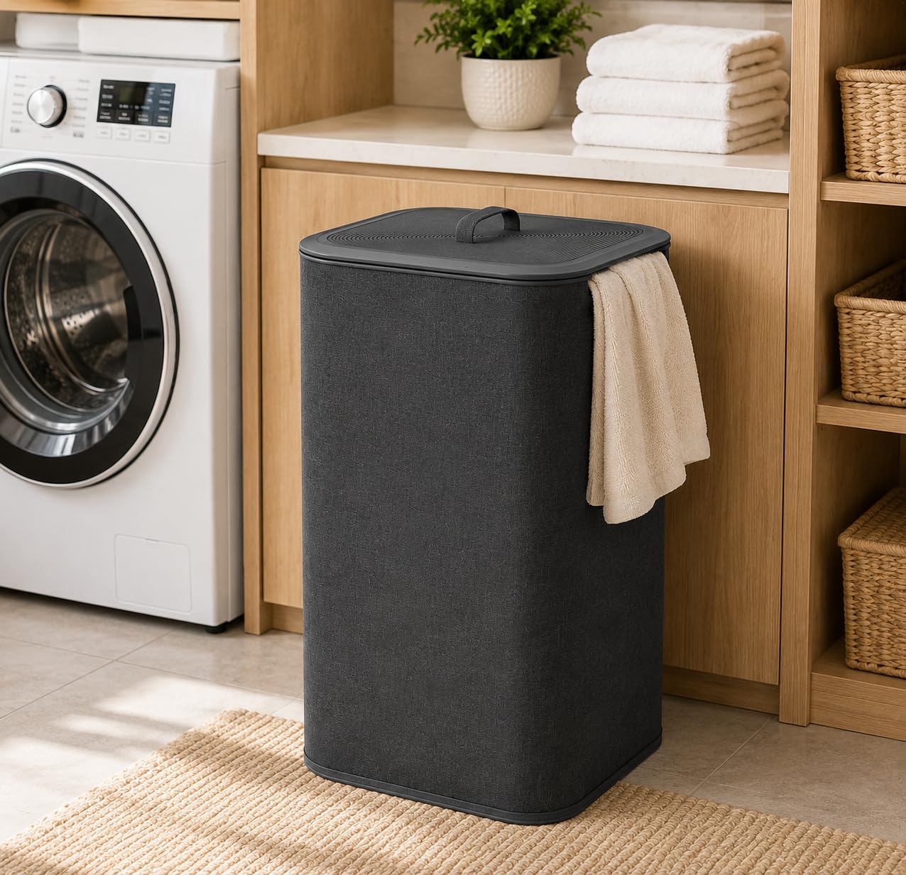 Orret Home 90 Litre İki Bölmeli Kirli Çamaşır Sepeti Çıkarılabilir Astarlı Kapaklı Katlanabilir Çamaşır Sepeti Laundry Basket Büyük Boy Çamaşırlık Organizer Gri
