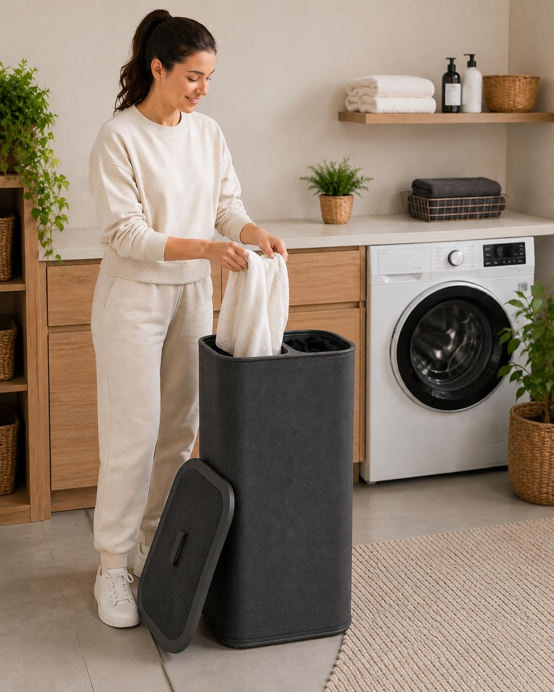 Orret Home 90 Litre İki Bölmeli Kirli Çamaşır Sepeti Çıkarılabilir Astarlı Kapaklı Katlanabilir Çamaşır Sepeti Laundry Basket Büyük Boy Çamaşırlık Organizer Gri