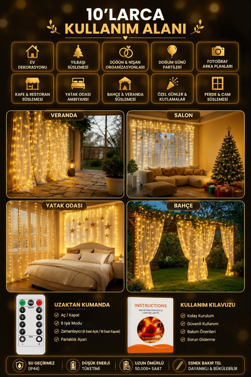 8 MOD Perde Ledi 300 LED 3x3m 10 Sarkıt Led Yılbaşı Oda Dekoru Kumandalı Peri Perde Led