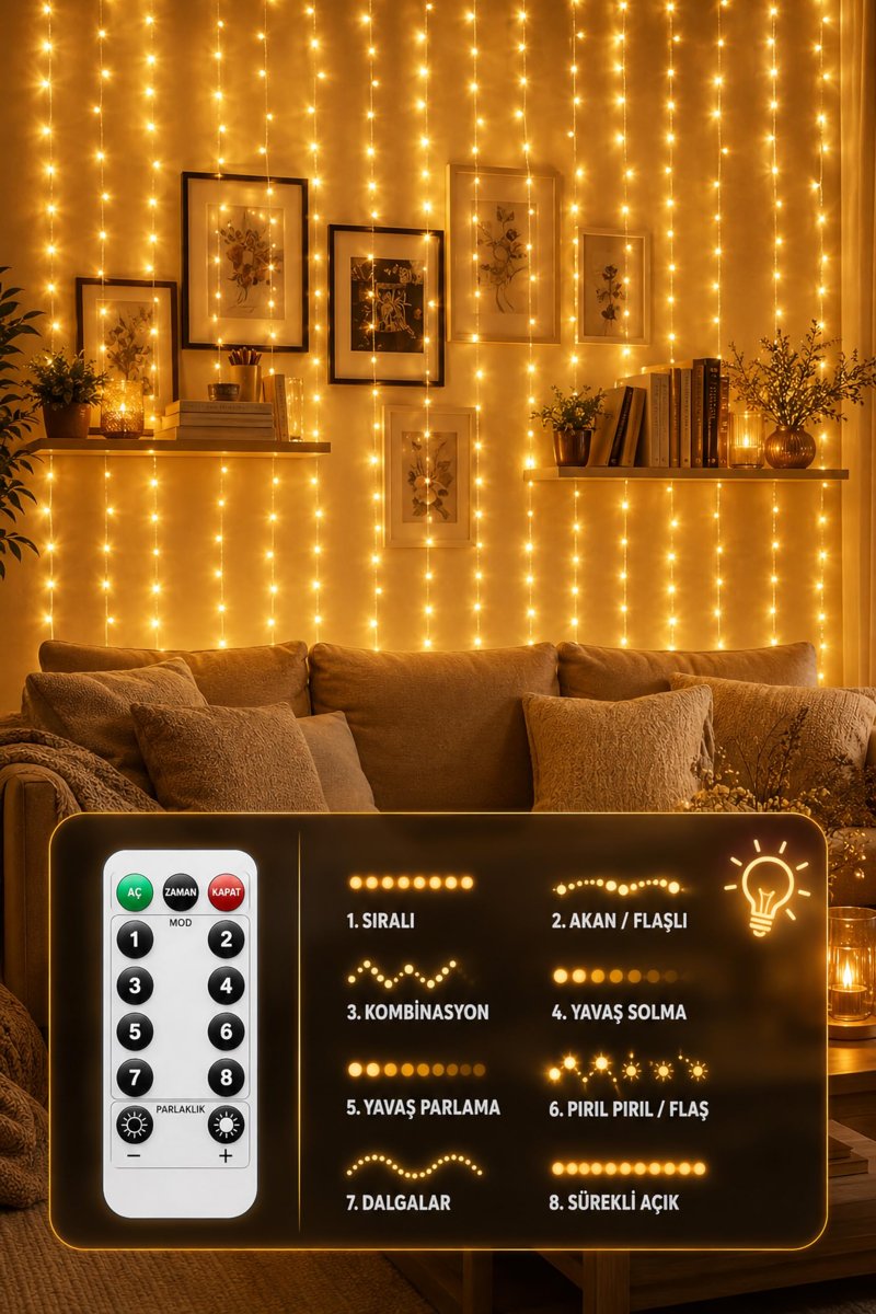 8 MOD Perde Ledi 300 LED 3x3m 10 Sarkıt Led Yılbaşı Oda Dekoru Kumandalı Peri Perde Led