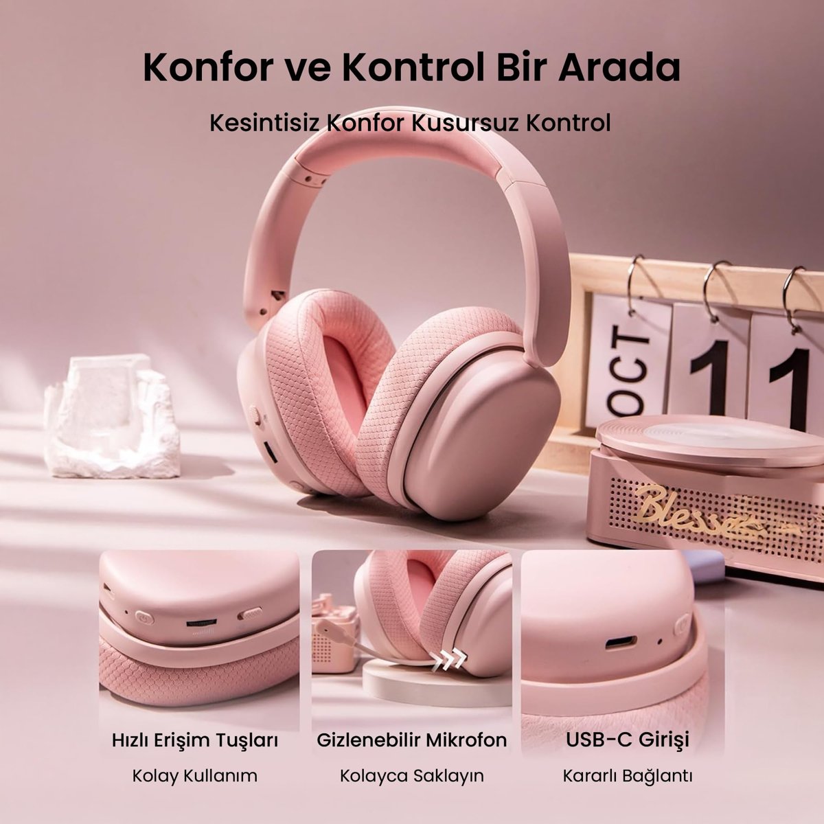 Aula G7 PRO Tri Mode Kablosuz RGB Gaming Mikrofonlu Oyuncu Kulaklığı 7.1 Surround Ses 40mm Driver Düşük Gecikme E-Spor Kulaklık Pembe 2.4G Bluetooth 3.5mm