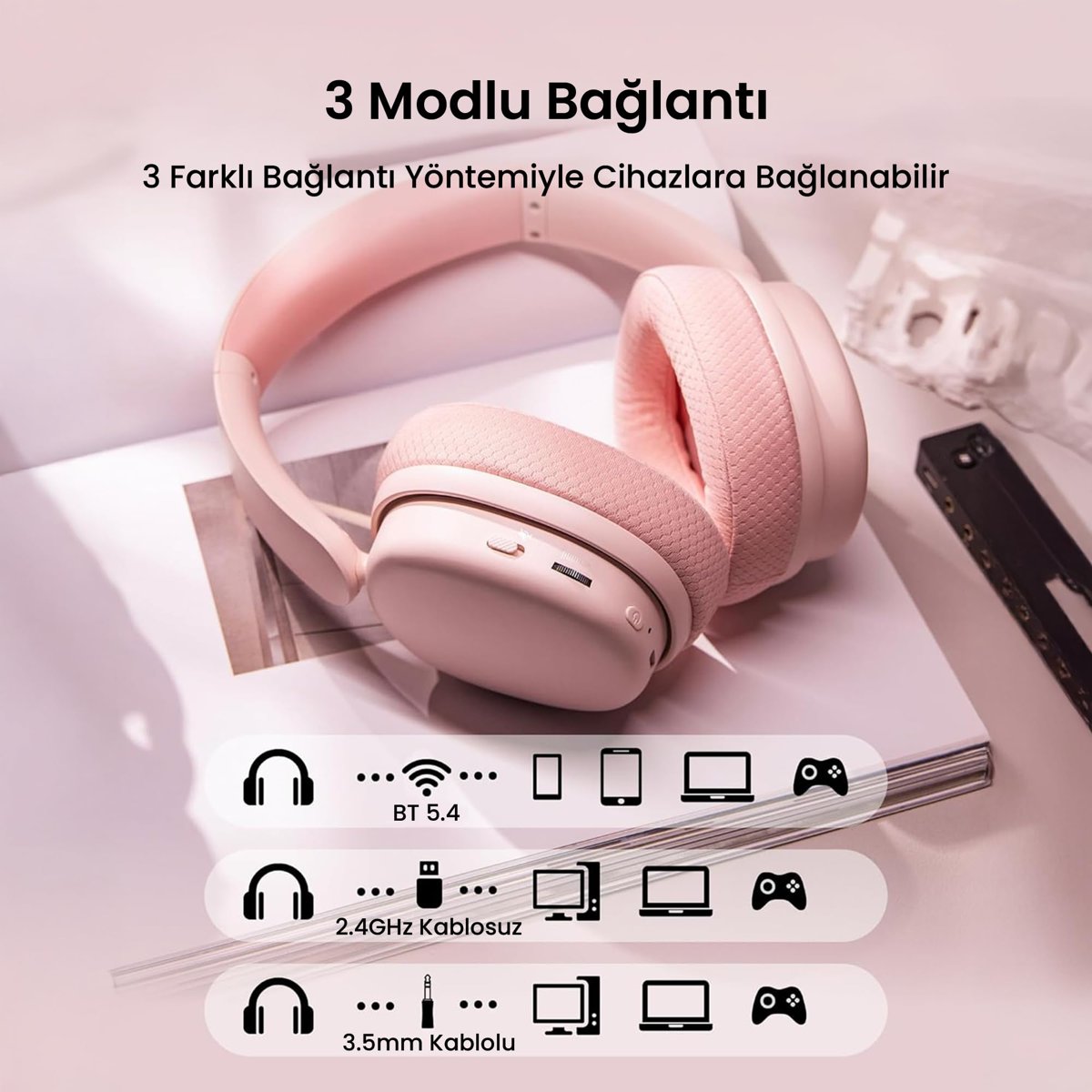 Aula G7 PRO Tri Mode Kablosuz RGB Gaming Mikrofonlu Oyuncu Kulaklığı 7.1 Surround Ses 40mm Driver Düşük Gecikme E-Spor Kulaklık Pembe 2.4G Bluetooth 3.5mm