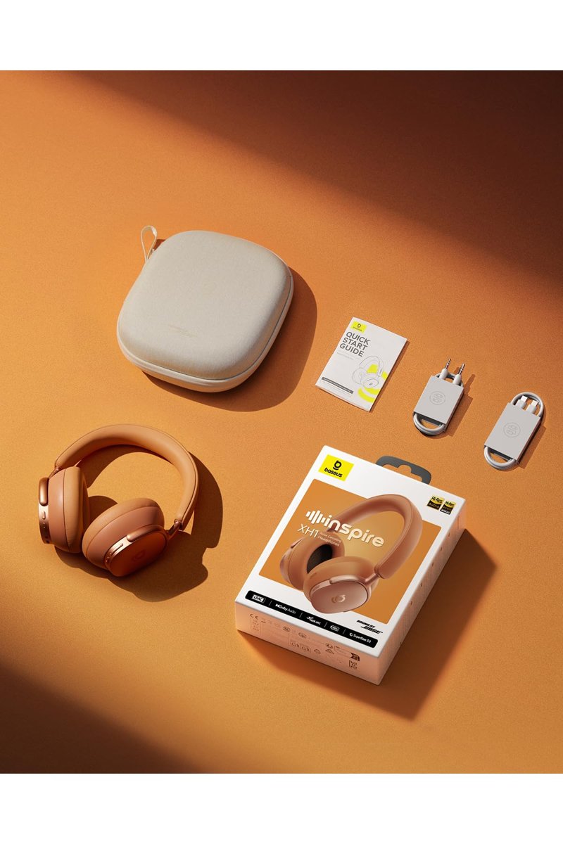 Baseus Inspire Sound by Bose XH1 ANC 100 saat çalma süresi 4 mikrofon BT6.0 Kablosuz Kulak Üstü Kulaklık, Turuncu