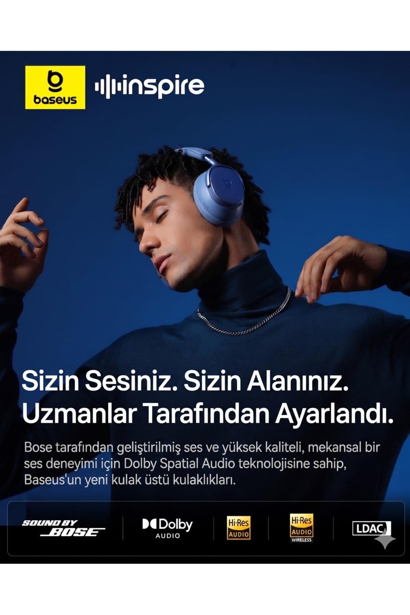 Baseus Inspire Sound by Bose XH1 ANC 100 saat çalma süresi 4 mikrofon BT6.0 Kablosuz Kulak Üstü Kulaklık, Mavi