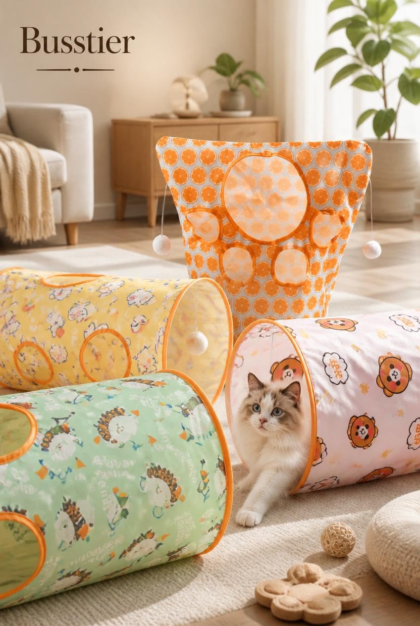 Busstier Katlanabilir Kedi Tüneli Oyuncağı Fareli İnteraktif Kedi Tüpü Çökebilir Dayanıklı Polyester Evcil Hayvan Oyun Tüneli Asorti Renk Gönderimli İç Mekan Egzersiz Oyuncağı