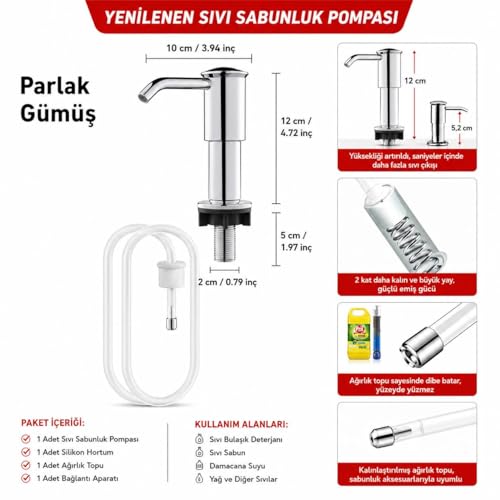 Valkyrie Ankastre Sıvı Sabunluk Pompası Tezgah Üstü Deterjanlık Uzatma Hortumlu Gümüş