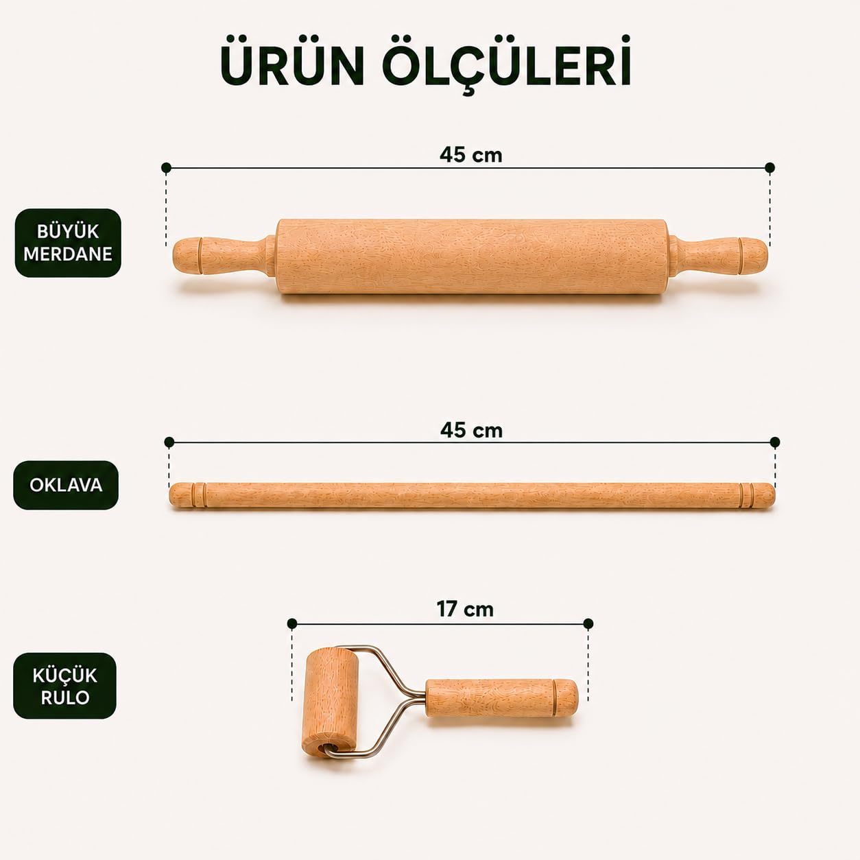 Orret Home Ahşap Oklava Merdane Seti 3 Parça, 45 cm Büyük Merdane, 45 cm Oklava, 17 cm Mini Merdane, Hamur Açma Seti, Doğal Ahşap Mutfak Gereci, Börek Baklava Mantı Pizza Kurabiye Pasta Hamuru Açma
