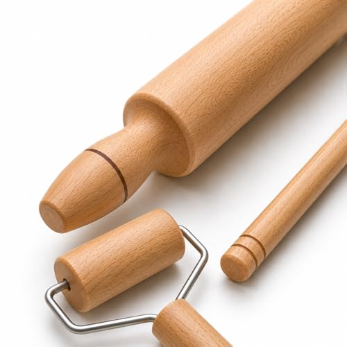 Orret Home Ahşap Oklava Merdane Seti 3 Parça, 45 cm Büyük Merdane, 45 cm Oklava, 17 cm Mini Merdane, Hamur Açma Seti, Doğal Ahşap Mutfak Gereci, Börek Baklava Mantı Pizza Kurabiye Pasta Hamuru Açma