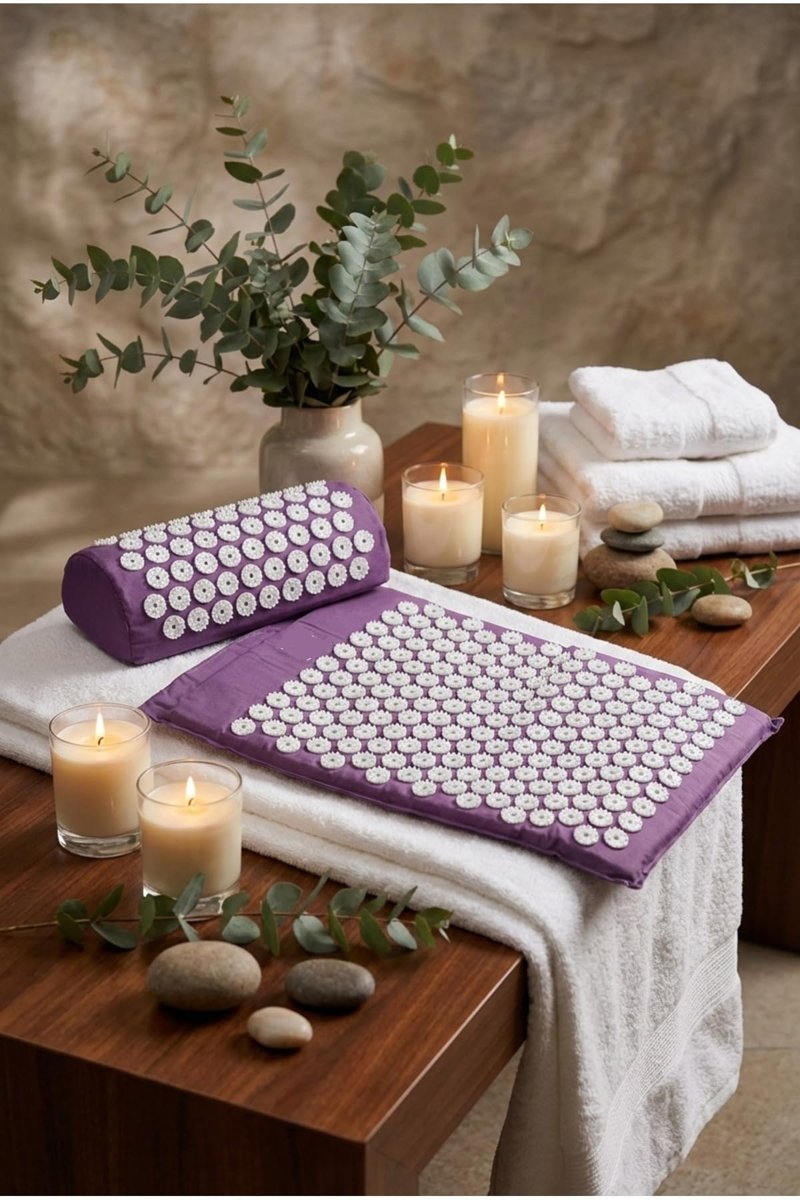 Sırt İçin Dikenli Çivimat Masaj Minderi | Akupunktur Yoga Pilates Mat Yastıklı Set -Mor Mor