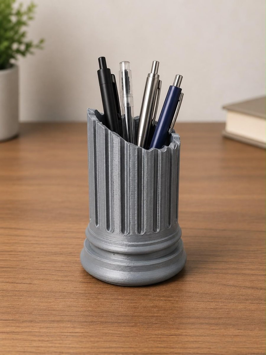 Roma Sütunu Kalemlik, Dekoratif Masaüstü Düzenleyici, Gümüş, 10 cm x 7 cm | PLA 3D Baskı
