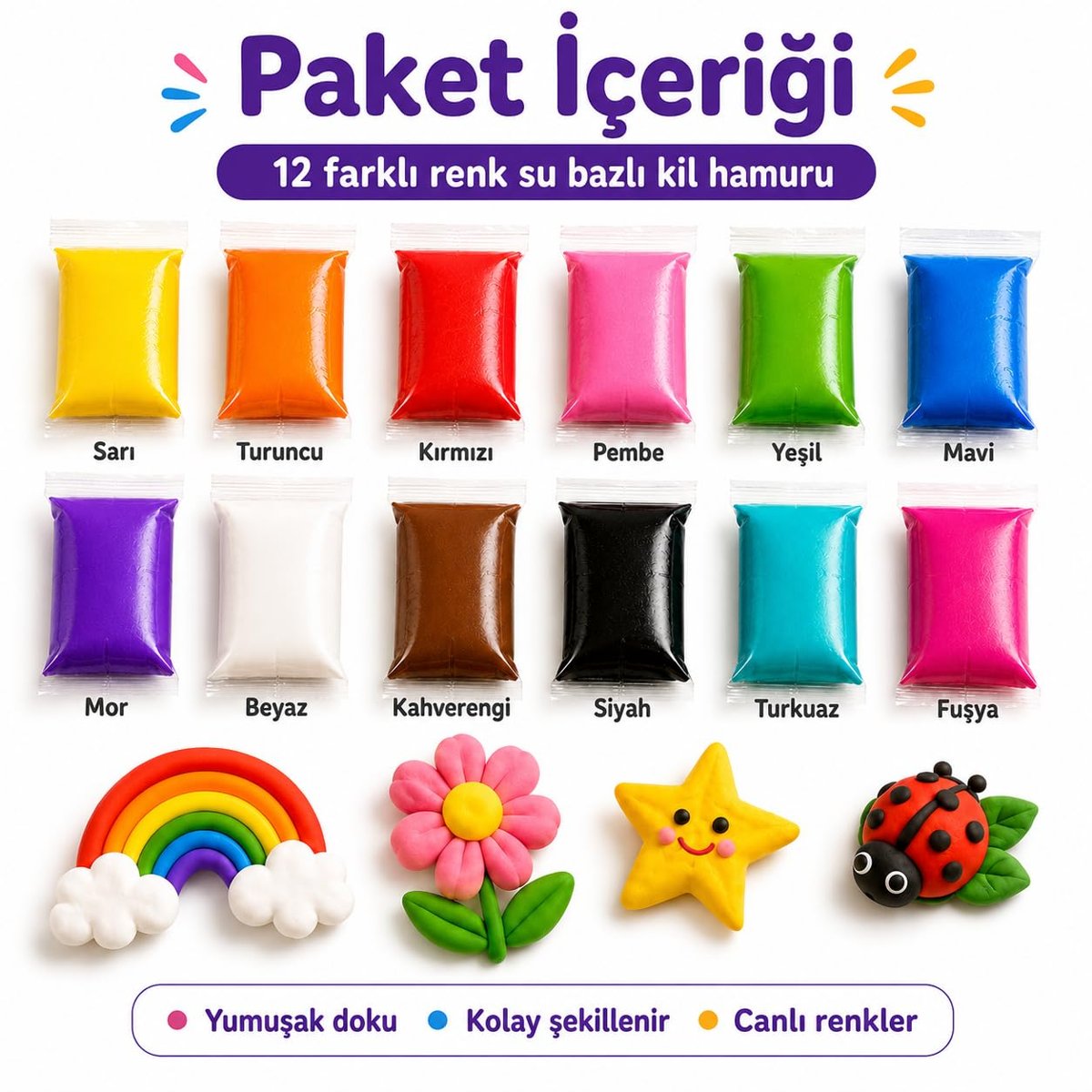 Hayal Gücü Kil Seti - 12 Renkli Hava ile Kuruyan Zıplayan Kil Hamuru, Yumuşak ve Kolay Şekillenen, Kokusuz, Eğitici Aktivite Seti -
