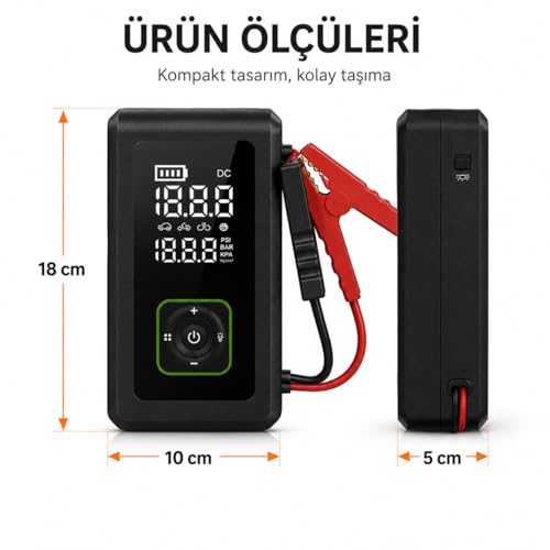 Orret Home 15200 mAh Şarjlı Hava Kompresörü Dijital Göstergeli Lastik Şişirme Pompası Powerbank Akü Takviye El Feneri Type-C Araç Bisiklet Top Havuz Deniz Ürünleri İçin