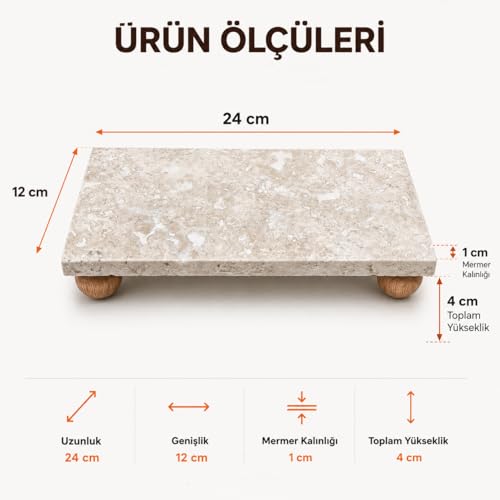 Orret Home Traverten Mermer Sunumluk Ahşap Ayaklı Doğal Taş Sunum Tabağı Yağdanlık Altlığı Kahvaltılık Standı Dekoratif Tezgah Üstü Sunum Platformu 24x12 cm