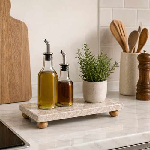Orret Home Traverten Mermer Sunumluk Ahşap Ayaklı Doğal Taş Sunum Tabağı Yağdanlık Altlığı Kahvaltılık Standı Dekoratif Tezgah Üstü Sunum Platformu 24x12 cm