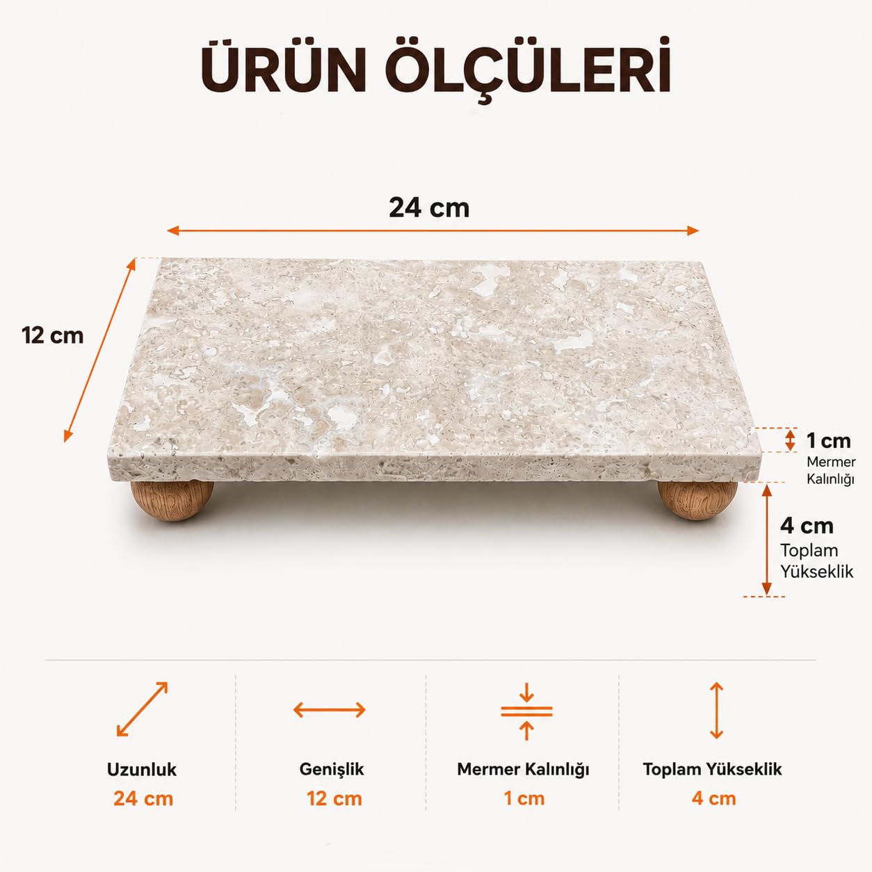 Orret Home Traverten Mermer Sunumluk Ahşap Ayaklı Doğal Taş Sunum Tabağı Yağdanlık Altlığı Kahvaltılık Standı Dekoratif Tezgah Üstü Sunum Platformu 24x12 cm