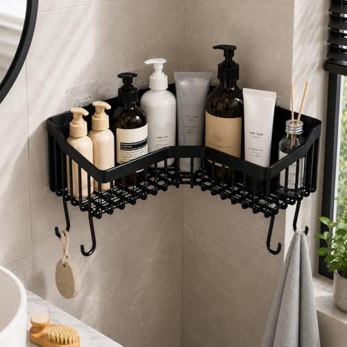 Orret Home Yapışkanlı Köşe Banyo Rafı Şampuanlık Duş Organizeri Lif Askılı Delmeden Montajlı Plastik Banyo Düzenleyici Köşelik Raf Siyah 25x25 cm