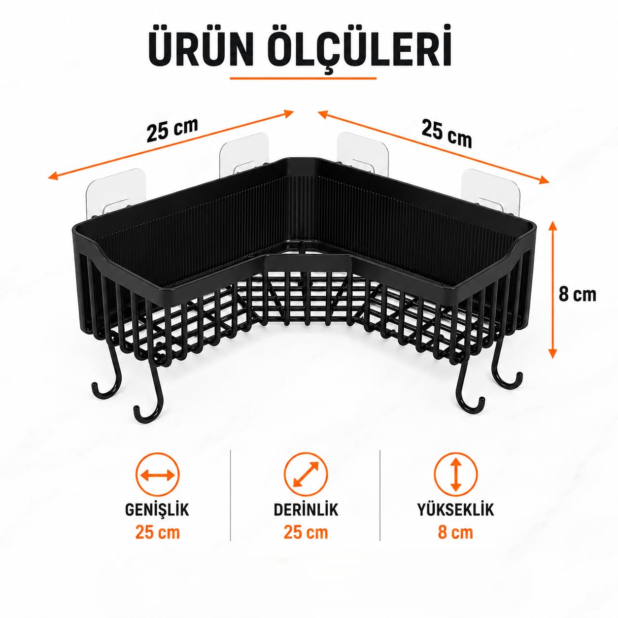 Orret Home Yapışkanlı Köşe Banyo Rafı Şampuanlık Duş Organizeri Lif Askılı Delmeden Montajlı Plastik Banyo Düzenleyici Köşelik Raf Siyah 25x25 cm