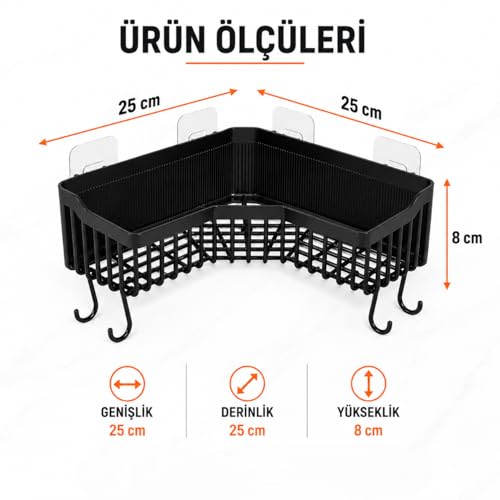 Orret Home Yapışkanlı Köşe Banyo Rafı Şampuanlık Duş Organizeri Lif Askılı Delmeden Montajlı Plastik Banyo Düzenleyici Köşelik Raf Siyah 25x25 cm