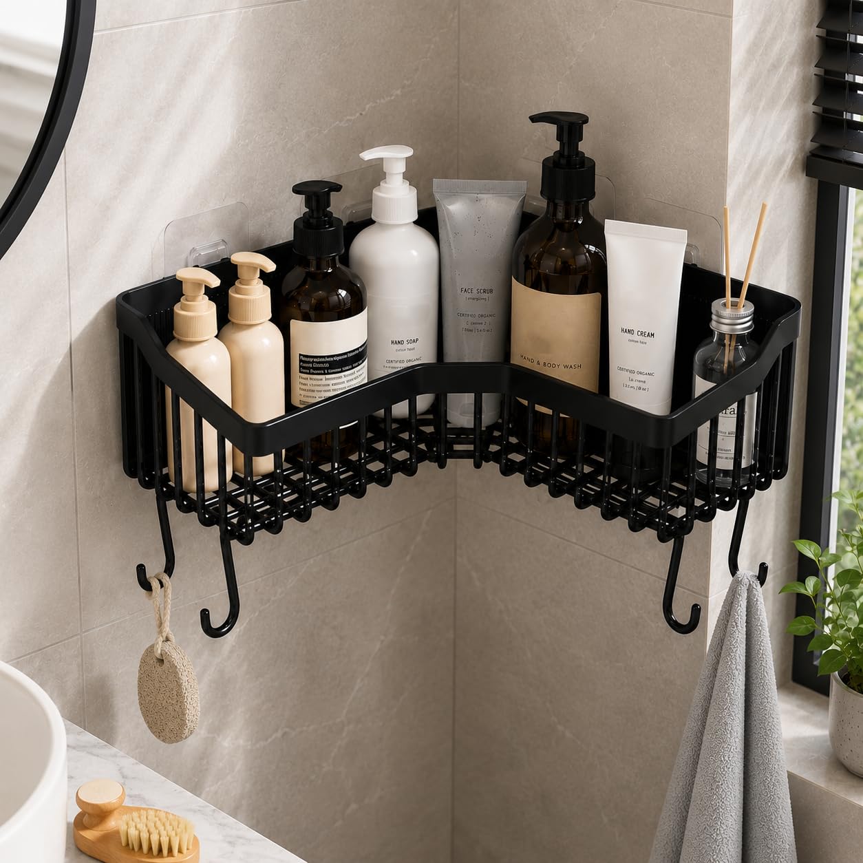 Orret Home Yapışkanlı Köşe Banyo Rafı Şampuanlık Duş Organizeri Lif Askılı Delmeden Montajlı Plastik Banyo Düzenleyici Köşelik Raf Siyah 25x25 cm