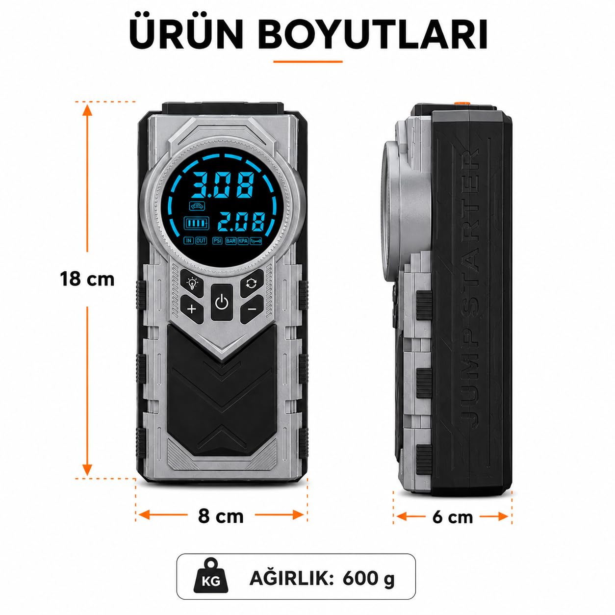 Orret Home 8000 mAh Şarjlı Hava Kompresörü Dijital Lastik Şişirme Pompası Akü Takviye Powerbank LED El Feneri Type-C Araç Bisiklet Top Havuz İçin Kompresör