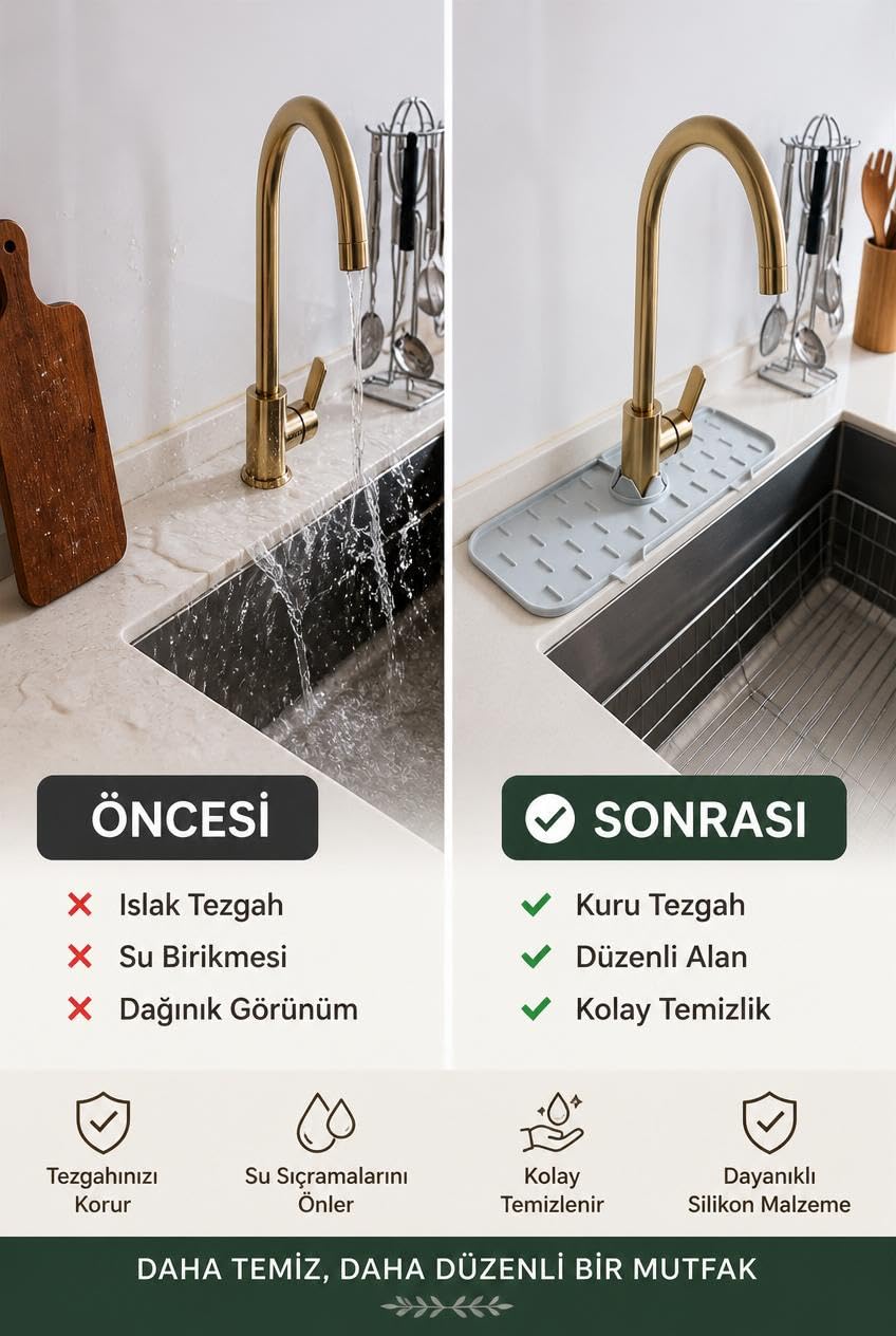 Busstier Silikon Evye Musluk Su Sıçrama Önleyici Mat Mutfak Lavabo Musluk Altı Damlalık Kurutmalık Süngerlik Organizer Tezgah Koruyucu Su Toplayıcı Hızlı Kuruyan Kaymaz Esnek Tasarım